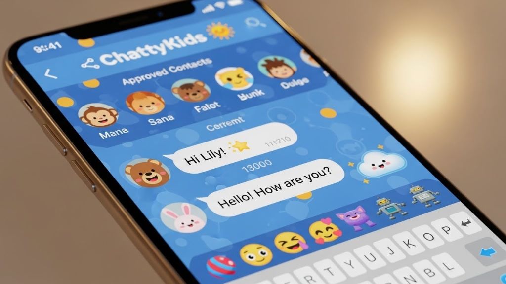 Smartphone screen displaying child-friendly messaging app interface with colorful stickers and approved contacts list