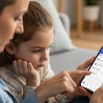 Parent and child looking at smartphone together reviewing messaging app parental control settings