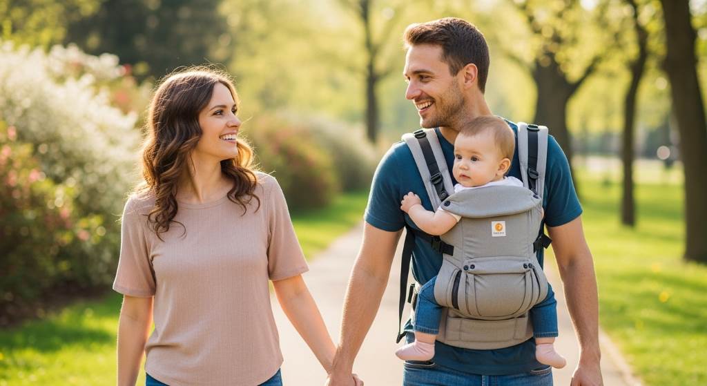 Happy family using versatile baby carrier for back carry position on a family outing