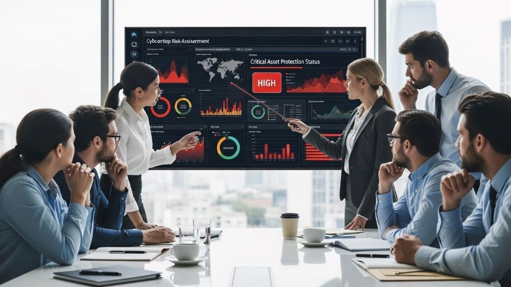 Business executives reviewing cyber security risk dashboard showing critical asset protection status