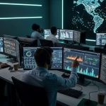 Security operations center team analyzing business risk metrics on multiple computer screens