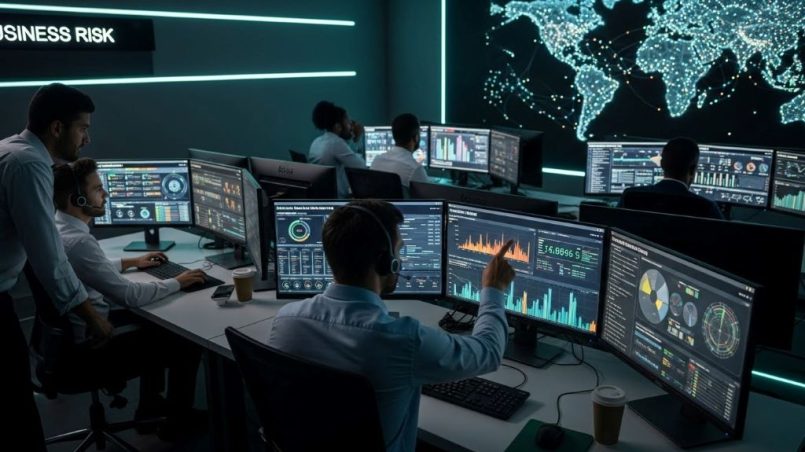 Security operations center team analyzing business risk metrics on multiple computer screens
