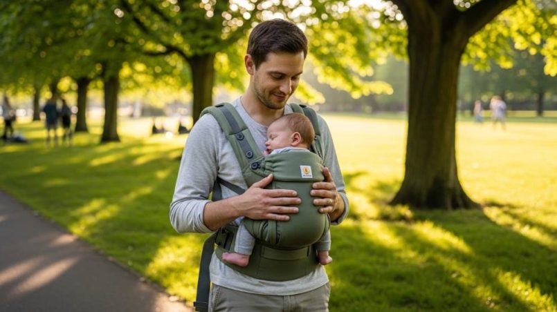 New parent comfortably wearing ergonomic baby carrier with sleeping newborn during a park walk