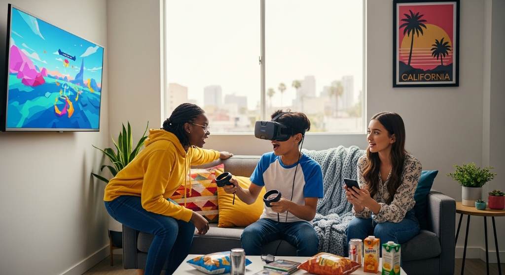 Teenagers using virtual reality headsets indoors in Los Angeles