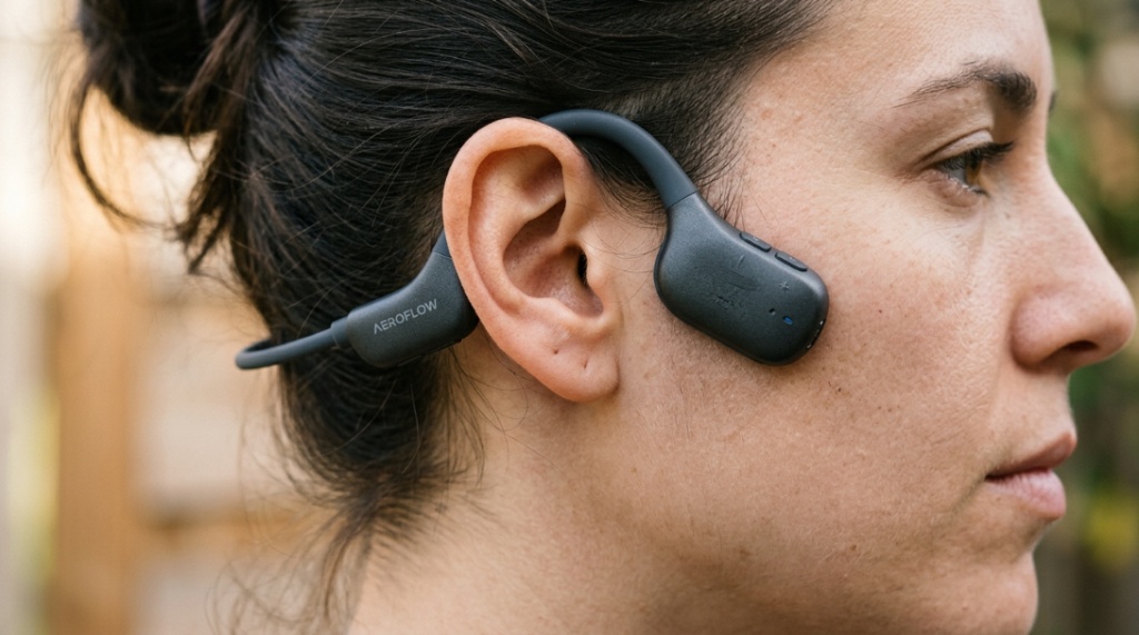 A professional working on a laptop while wearing sleek bone conduction headphones.